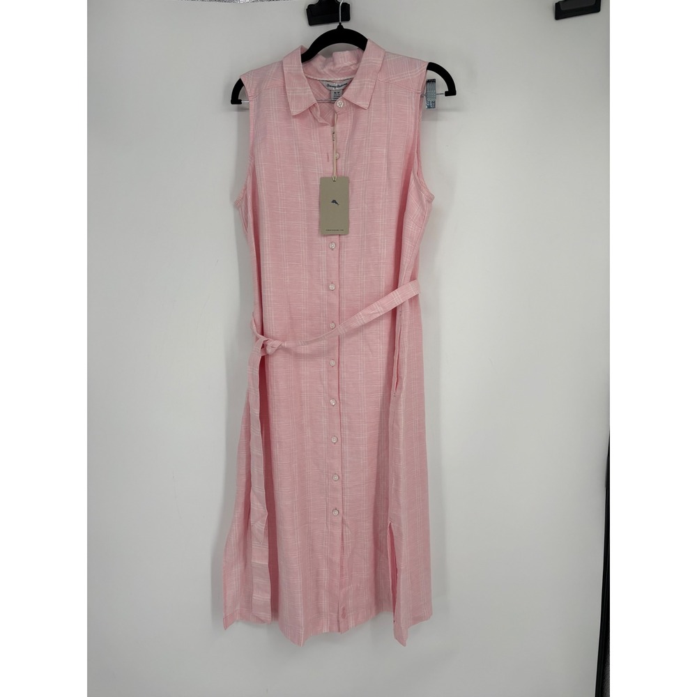 Tommy Bahama Dress Womens M Pink Two Palms Linen Sleeveless Button Front Belted